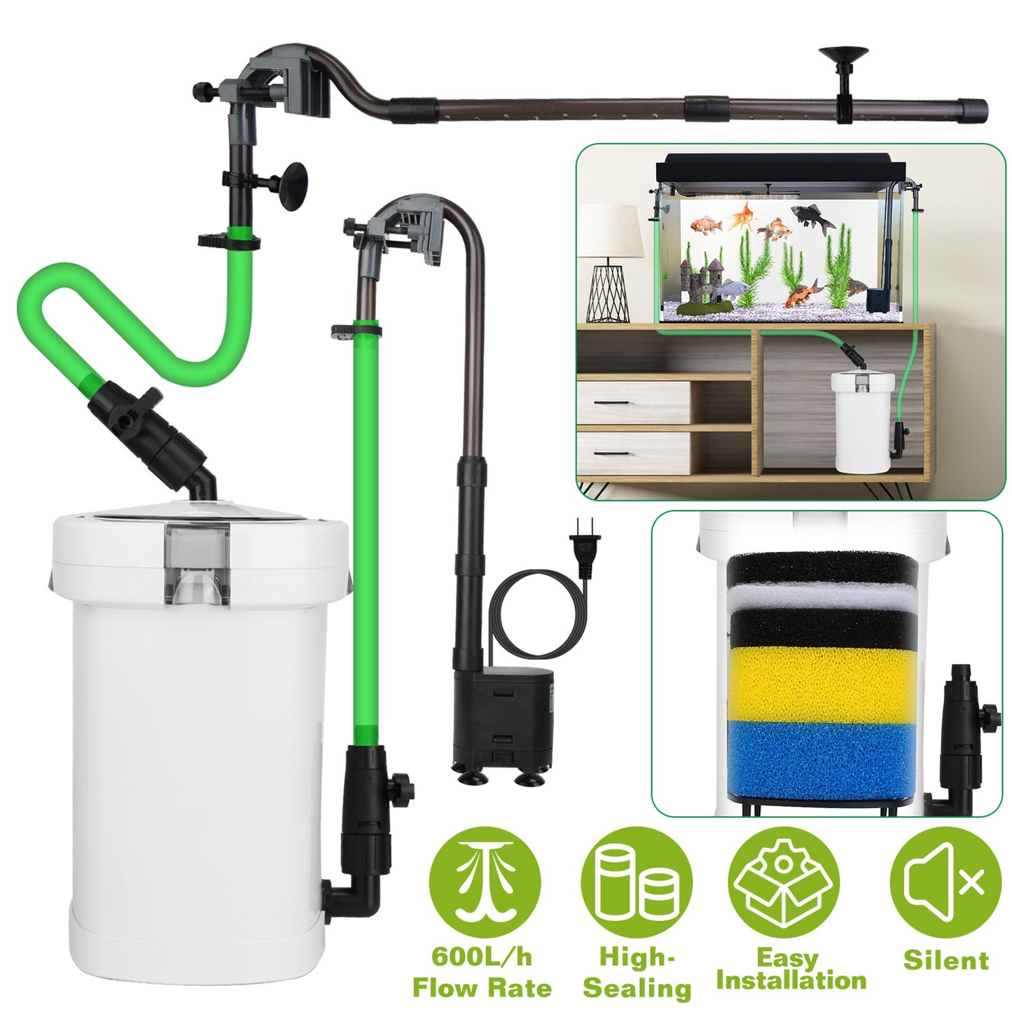 3-Stage External Canister Filter for Aquarium Fish Tank with 600L/H Flow Rate 35.4in Max Height 6W Easy Installation Silent