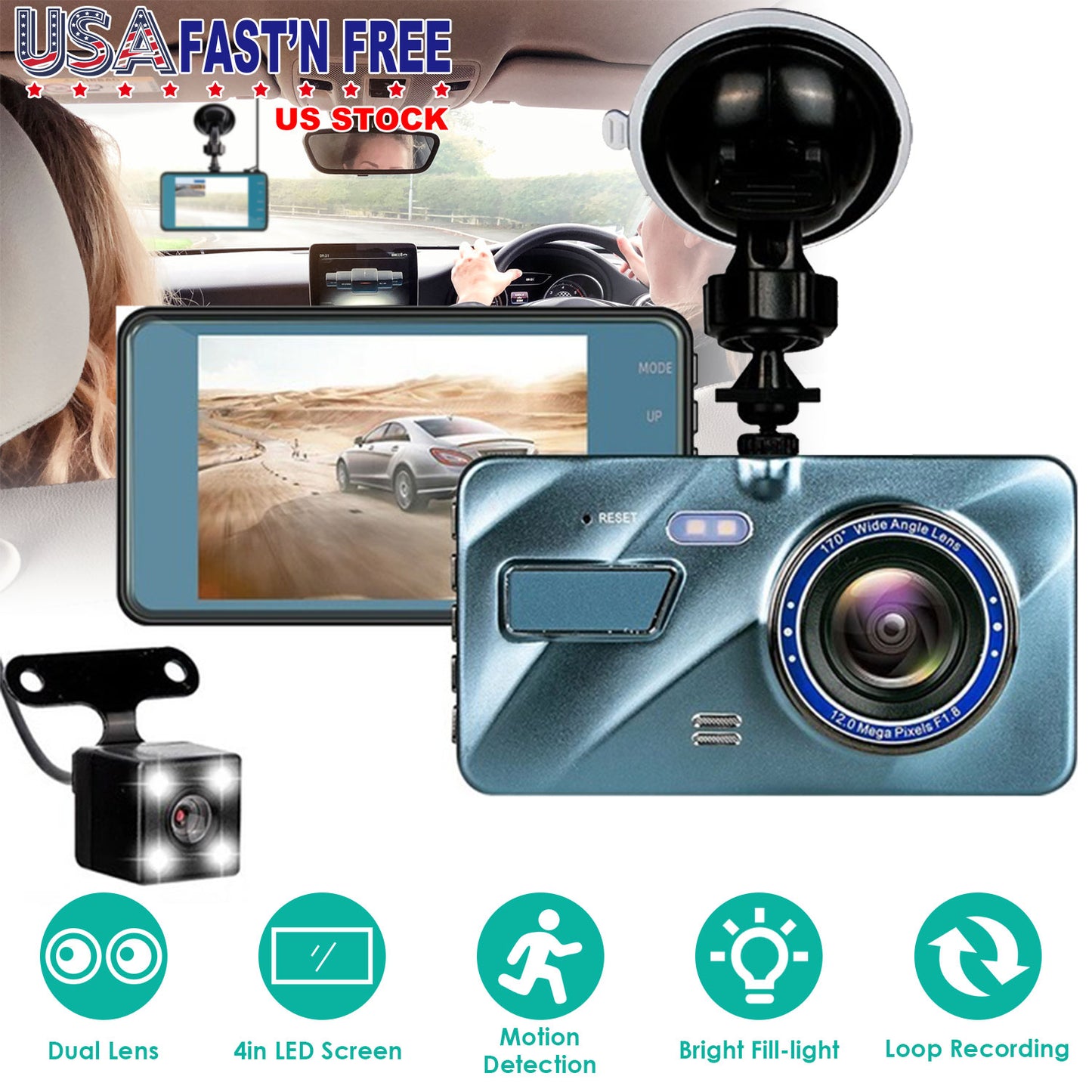 720P Dual Dash Cam Car Camera Recorder Looping Recording Car DVR Driving Vehicle Recorder with Motion Detection Light