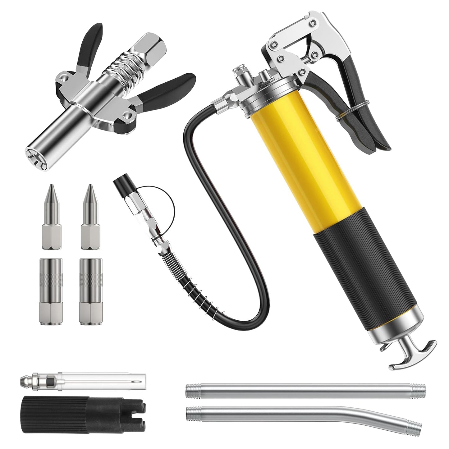 Grease Gun Kit Fit for 14 Oz Grease Tube 7000 PSI High Pressure Pistol Grip Grease Gun with Lock Coupler 11.8Ó Spring Flex Hose Jaw Couplers Sharp Noz