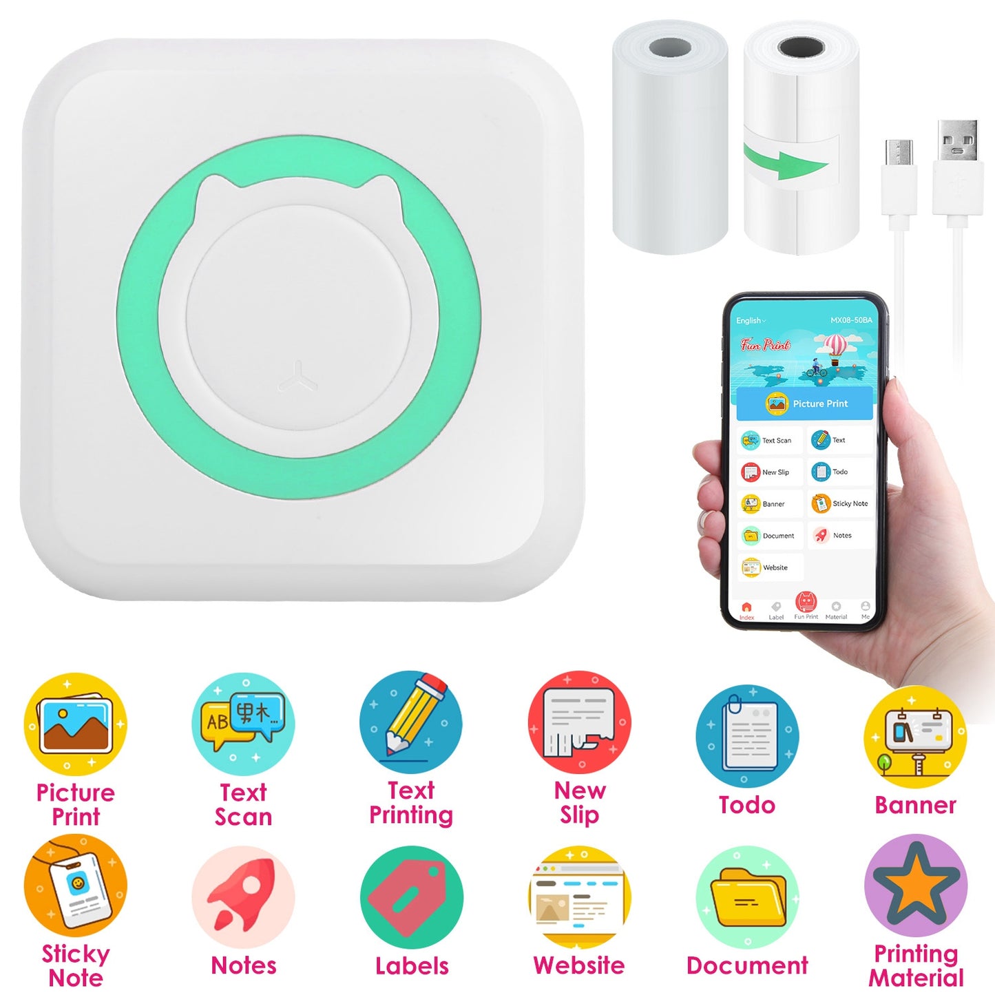 Pocket Wireless Thermal Printer Portable Mini Sticker Maker Machine Rechargeable Inkless Photo PrinterÊfor Printing Label Journal Study Notes Memo Pho