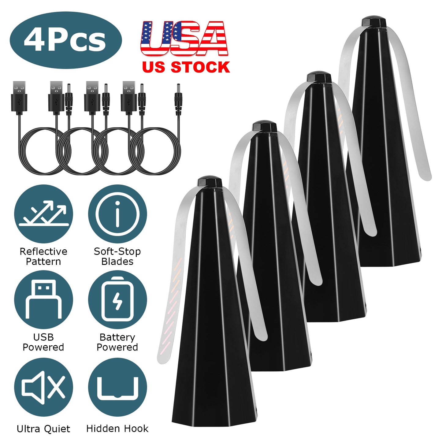 4Pack Fly Table Fans Battery USB Powered Bug Fans Food Fans Fly Table Spinners Traps with Hook for Party BBQ Picnic Camping