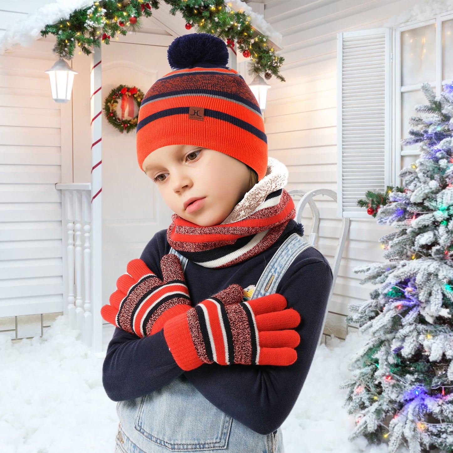 Winter Kids Knitted Hat Scarf Gloves 3Pcs Boys Girls Winter Warm Beanie Hat and Glove Scarf Set Beanie Neck Warmer Mittens for 4-7-Year-Old Kids