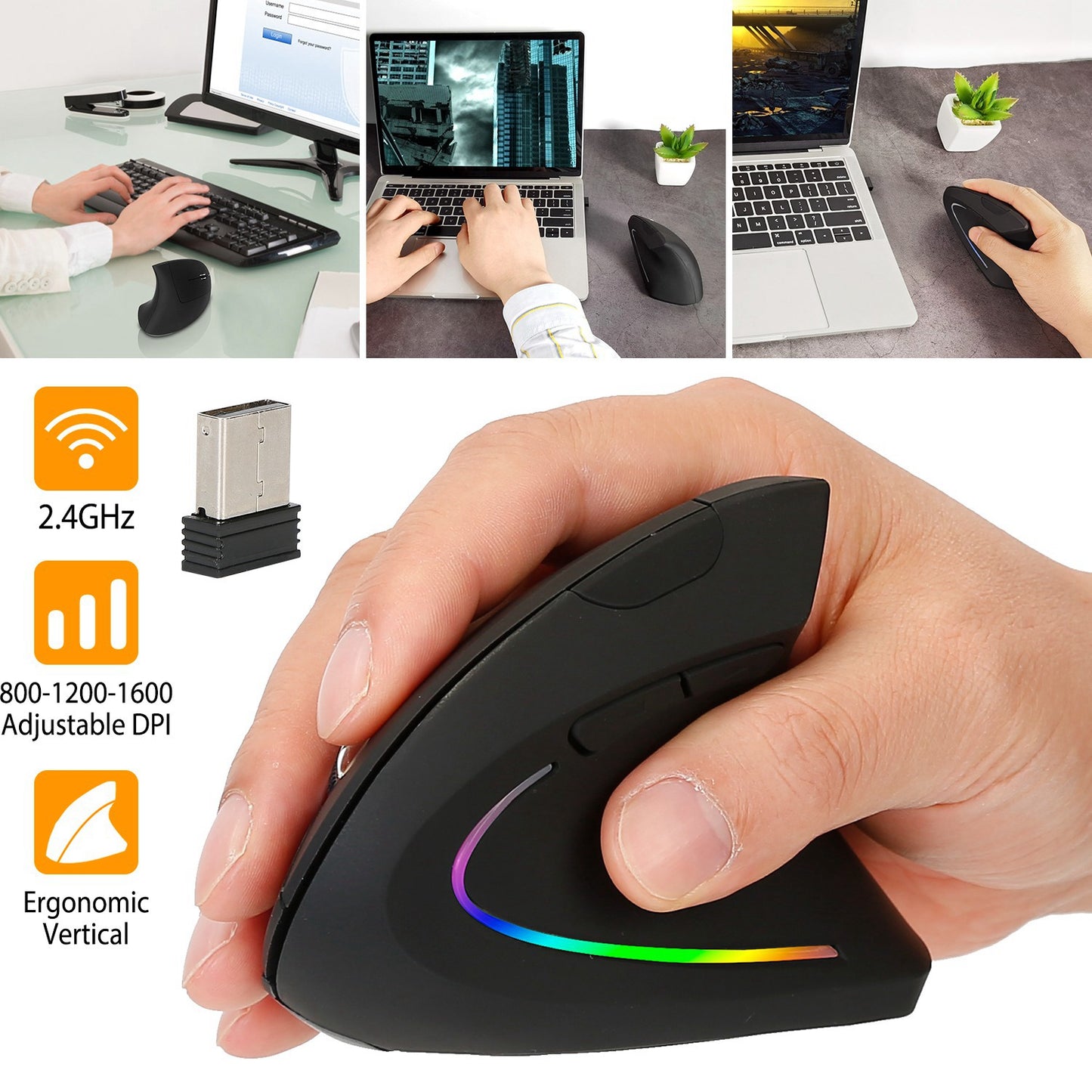2.4G Wireless Vertical Mouse Ergonomic Optical Mice w/ 6 Buttons 3 Adjustable DPI 800/1200/1600 Levels for Laptop PC Computer