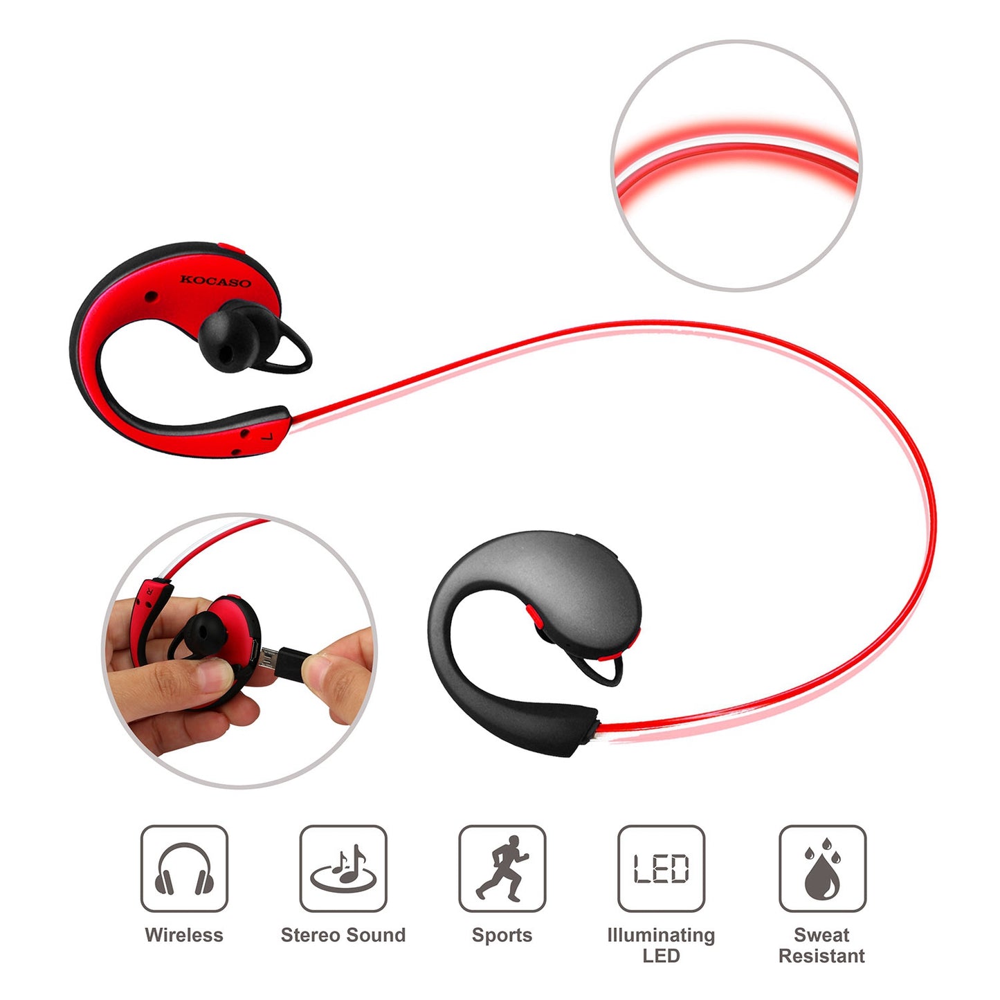 Wireless Sports Headsets Wireless V4.1 Neckband Earphones HD Stereo Sweat-proof Headphones Earbuds w/ LED Light Mic 8Hrs Work Running