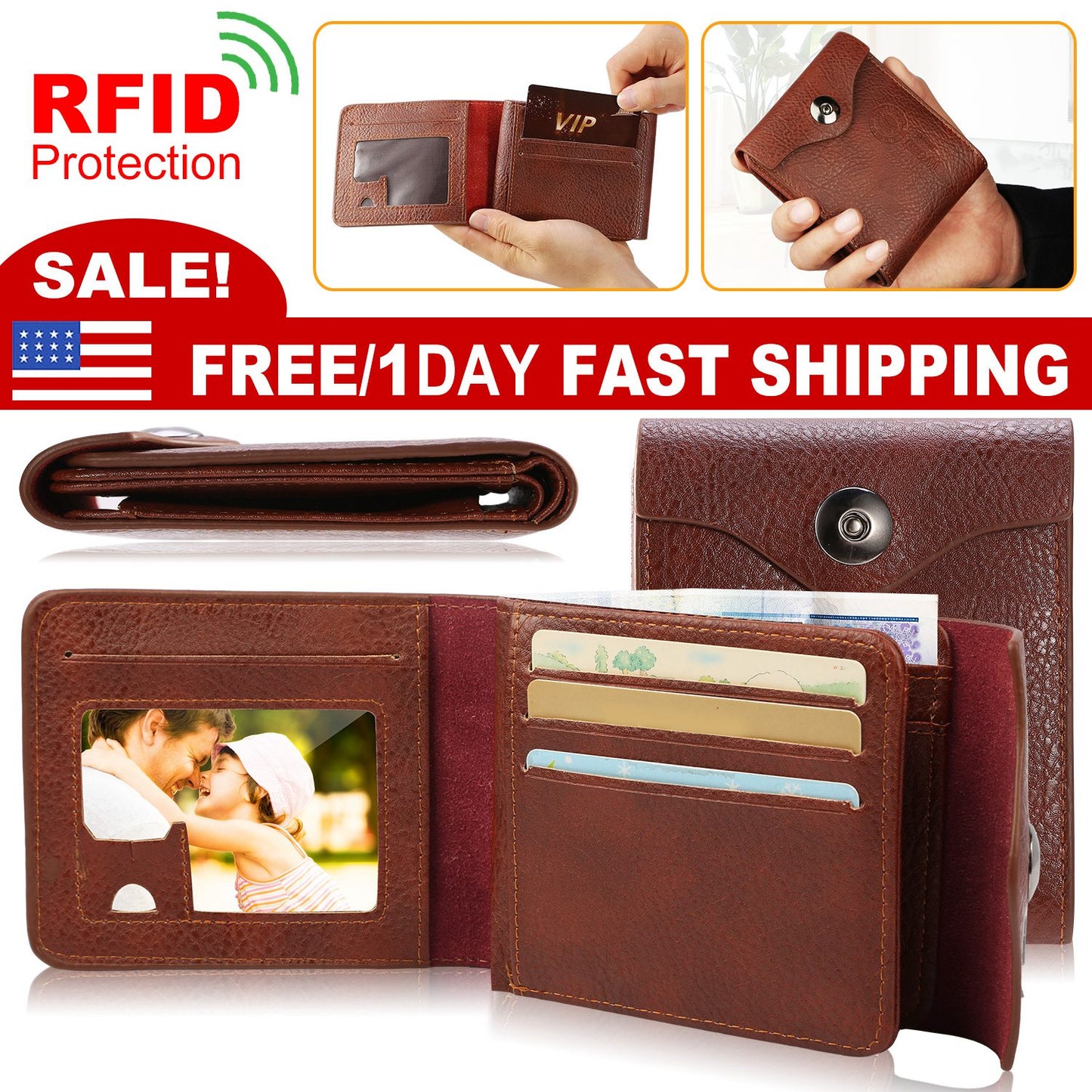 MenÕs Wallet PU Leather Bifold Purse Slim RFID Blocking Card Holder Cases w/ 2 ID Window Coin Pocket