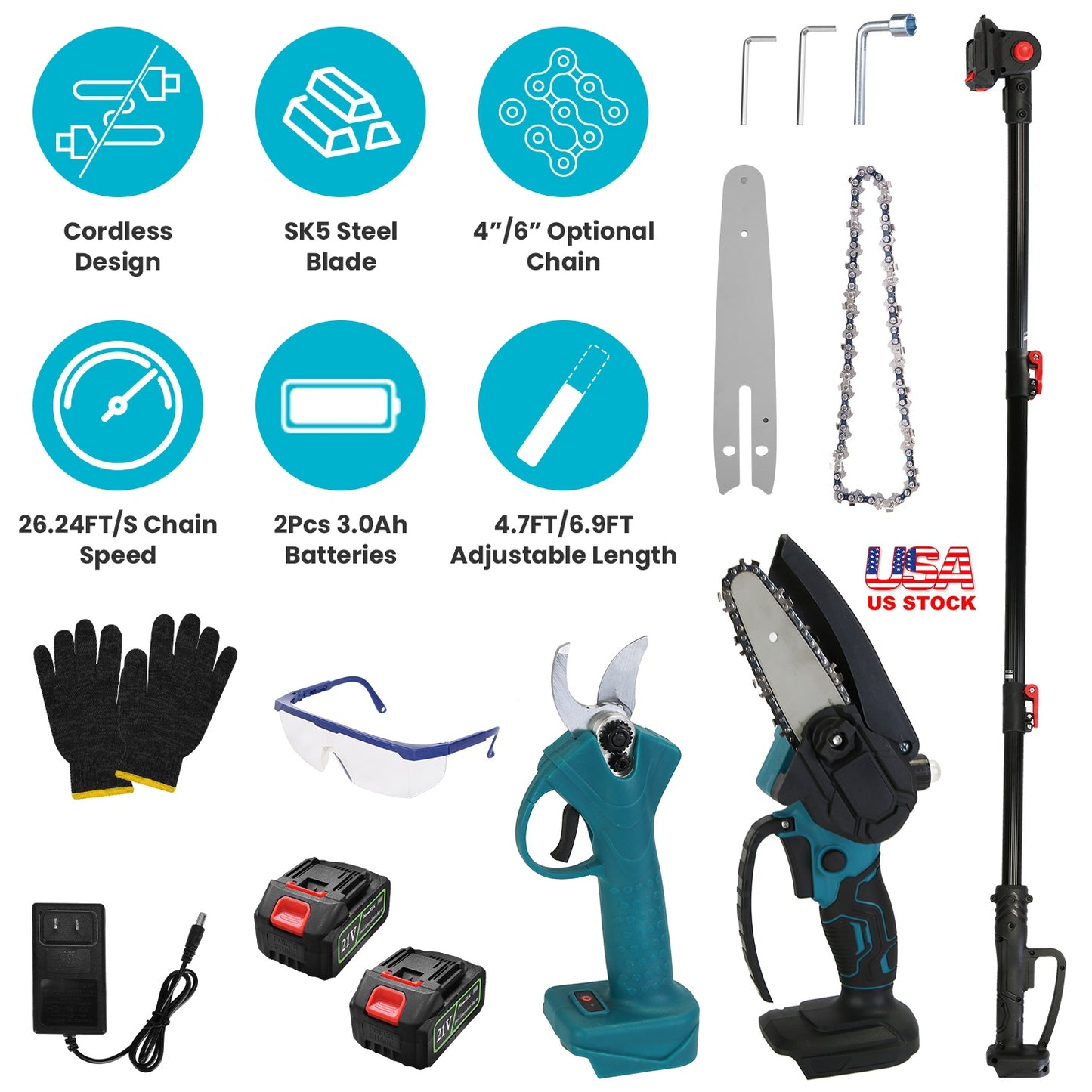 4 in 1 Cordless Pruning Shear and Electric Chainsaw With Max 5.5FT Extension Poles 4Ó/6Ó Pole Saw SK5 Blade Brushless Pruning Shear With 2Pcs 3.0Ah Ba