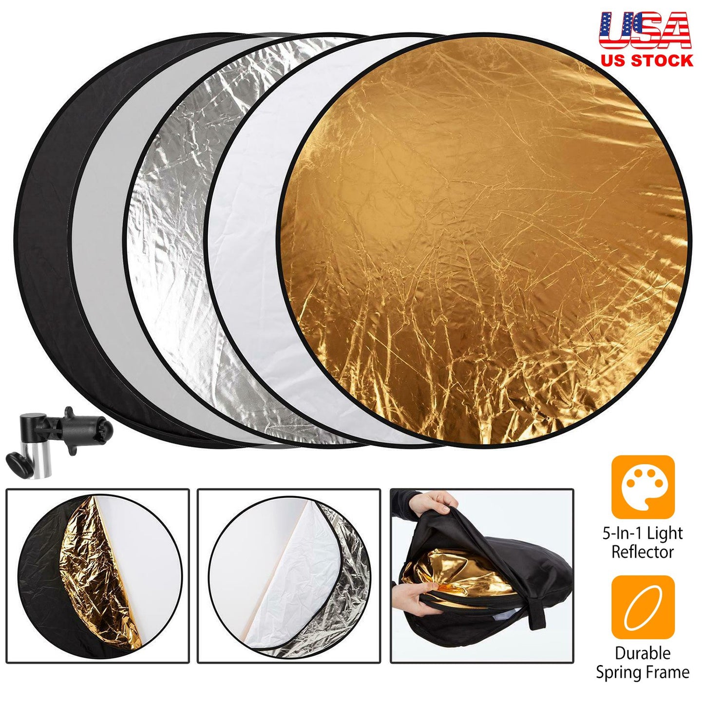 42.5In 5 In 1 Photography Round Light Reflector Collapsible Multi Disc Light Diffuser w/ Storage Bag Translucent Silver Gold White Black 5 Colors Refl