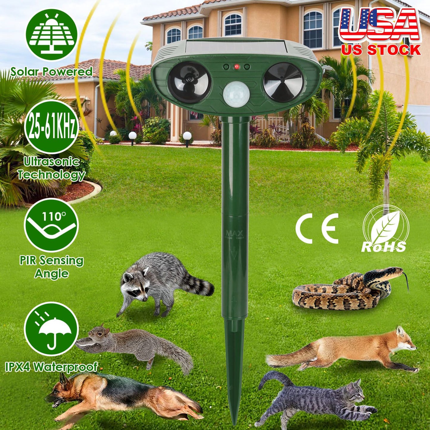 Solar Ultrasonic Animal Repeller PIR Motion Sensor Animal Repellent Chaser IPX4 Waterproof for Farm Garden Yard to Drive Raccoon Squirrel Rat Skunk Ra