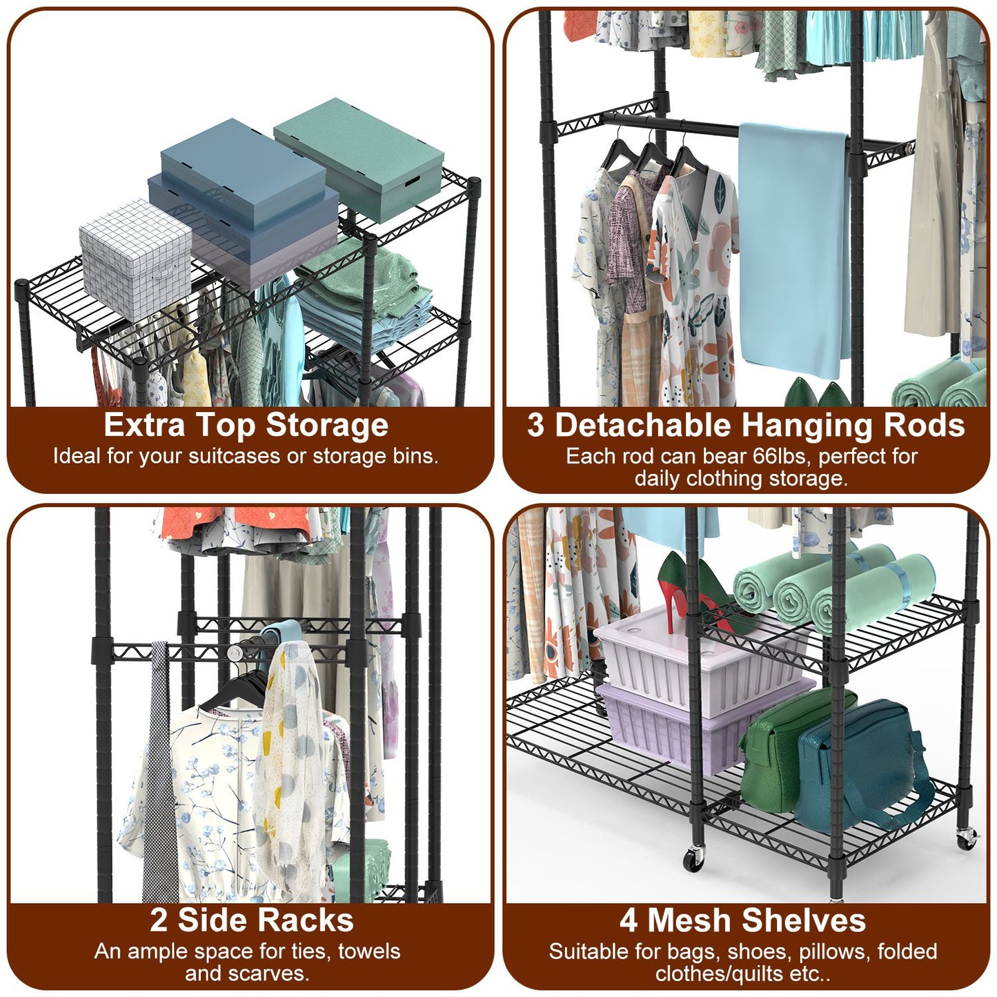 4-Tier Heavy-Duty Clothing Rack – Wheeled Steel Wardrobe Organizer