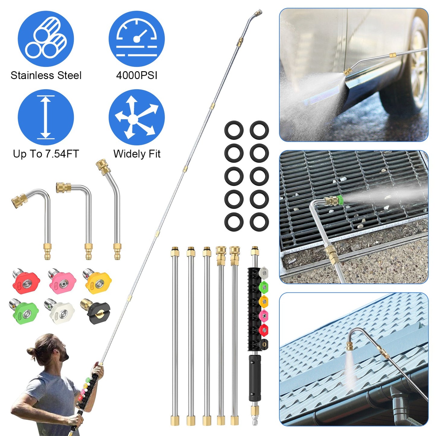7.54FT Pressure Washer Extension Wand With 1/4" Quick Connect 4000 PSI Pressure 3 Curved Wands 6 Spray Nozzles For Deck Roof Yard Window Wall Fence Cl