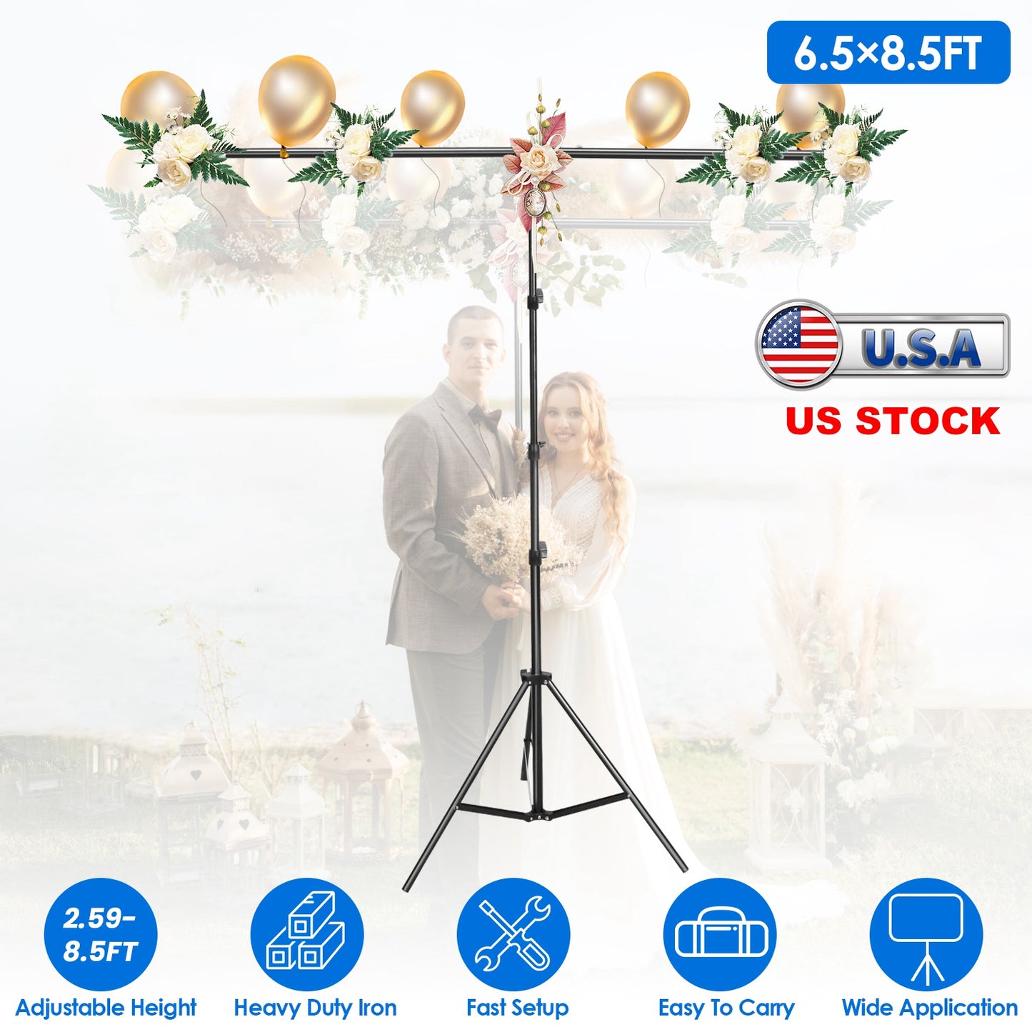 6.5 8.5FT T-Shape Photo Video Backdrop Stand Heavy Duty Background Stand Adjustable Photography Backdrop Stand with 6 Spring Clamps Sandbag Carry Bag