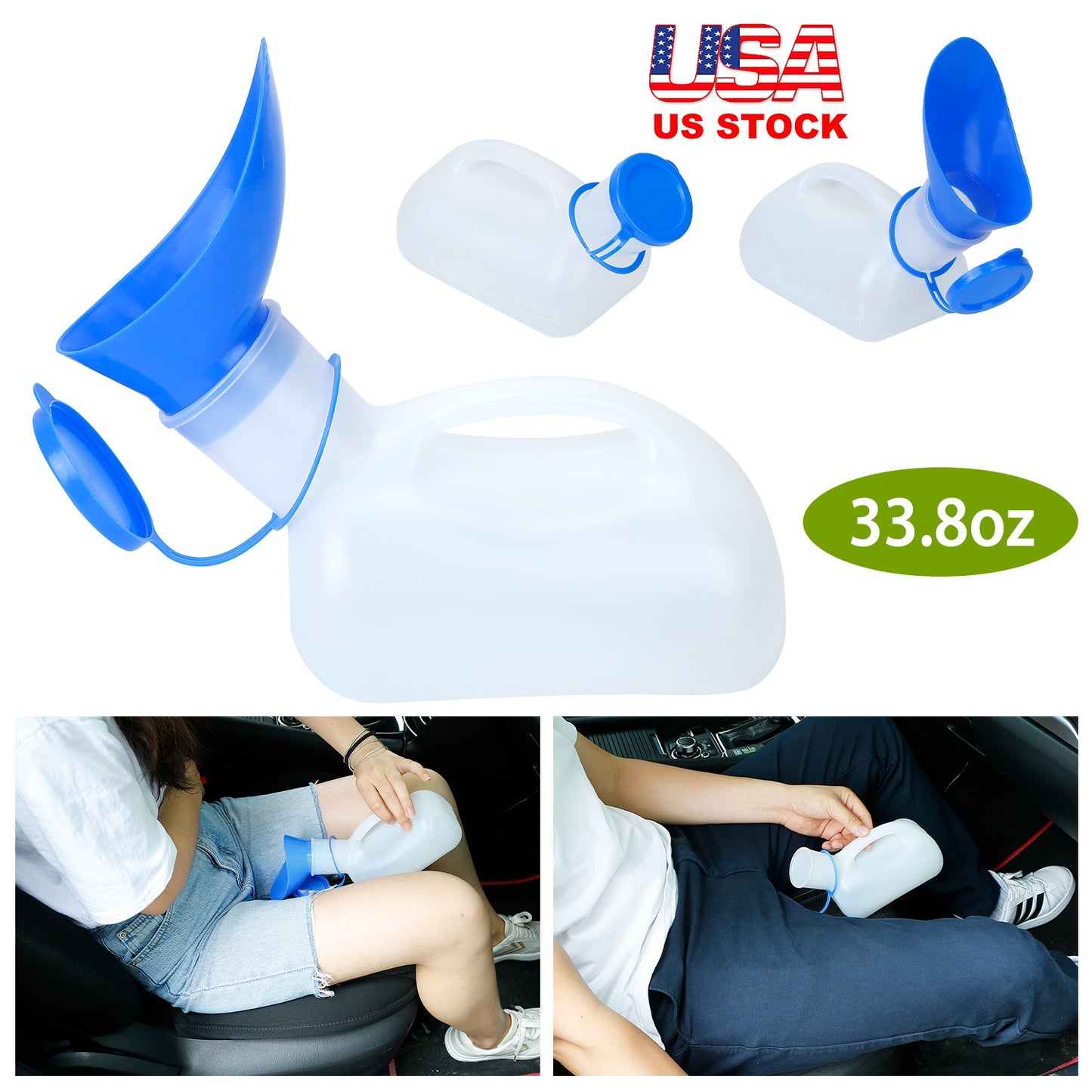 Unisex Potty UrinalÊBottle 1000ML/33.8OZ Adult EmergencyÊUrinal Device Portable Male Female Toilet w/ Lid Funnel For Car Camping Travel Hospital Outdo