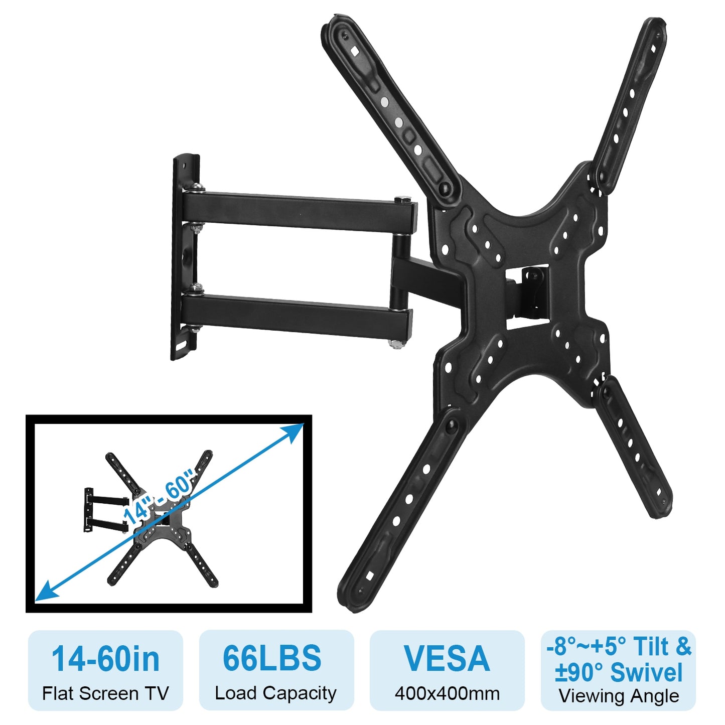 Fixed TV Wall Mount Bracket for 14-60in LED/LCD/PLASMA Flat TV VESA 400x400mm -8¡~+5¡ Tilt ±90¡ Swivel