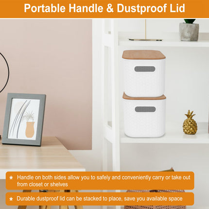 2Pcs Storage Bins with Bamboo Lids Stackable Plastic Storage Container with Handle Storage Box Accessories Holder for Bedroom Kitchen Shelf Closet