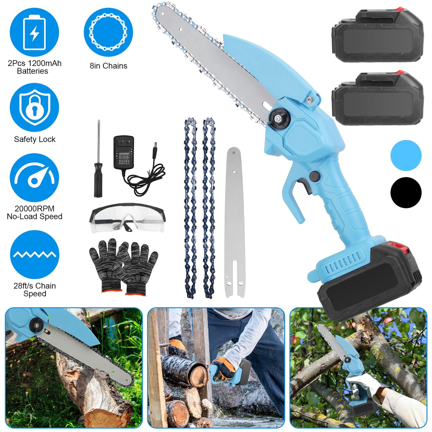 Electric Mini Chainsaw Portable Handheld Cordless Small Chain Saw Battery Powered with 2Pcs 1200mAh Rechargeable Batteries 8in Chains Gloves Goggles f