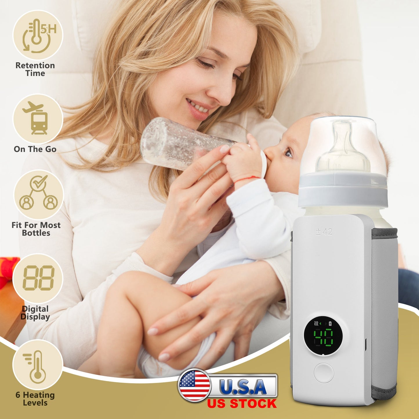Portable Bottle Warmer On The Go Baby Milk Warmer Milk Formula Warmer for Travel with 6 Heating Levels USB Rechargeable Keep Milk Warm for 5 Hours