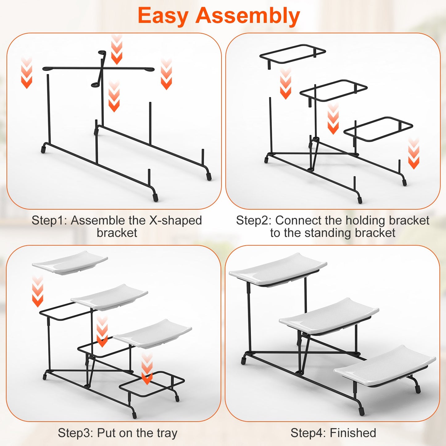3-Tier Plastic Serving Tray Dessert Server Display Serving Stand Dinnerware with 3 Rectangular Plastic Serving Platters Metal Stand for Entertaining F