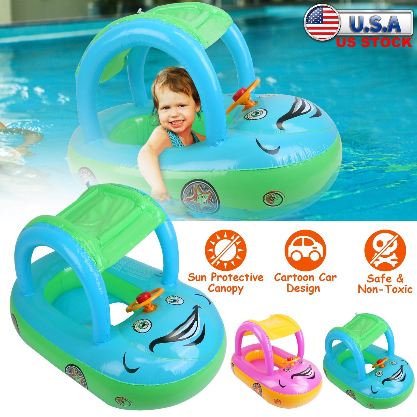 Baby Inflatable Pool Float Car Shaped Toddler Swimming Float Boat Pool Toy Infant Swim Ring Pool with Sun Protection Canopy for 1-3 Year-Old Kids Infa