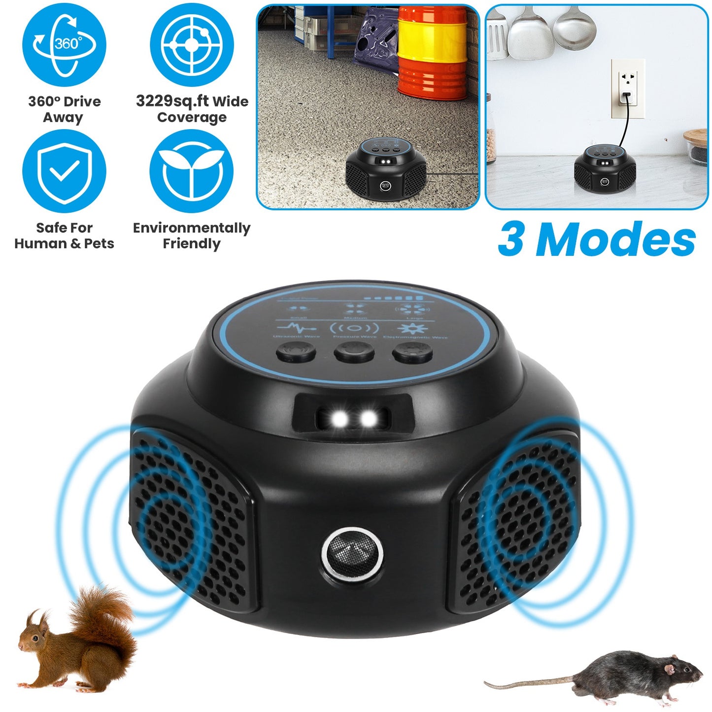360¡ Ultrasonic Mice Repellent Indoor Rodent Repeller Rat Squirrel Rodent Chaser with 3 Modes 2 Strobe Lights for Kitchen Warehouse