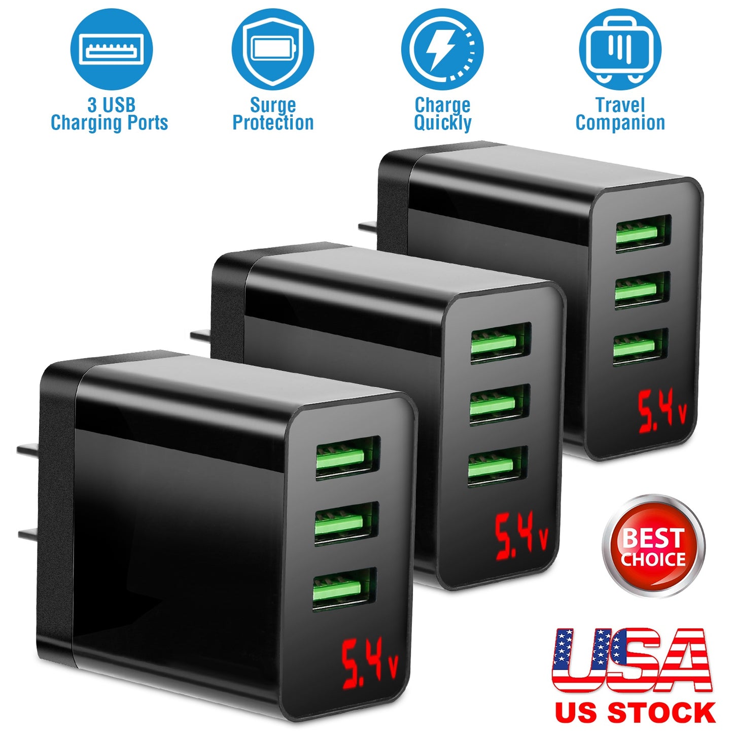 3 Packs 3-Port USB Wall Charger USB Hub Charger Wall Power Charging Plug Adapter Fit For Samsung Galaxy S9/S8 Note 8/9 iPhone Pad Tablet and More USB