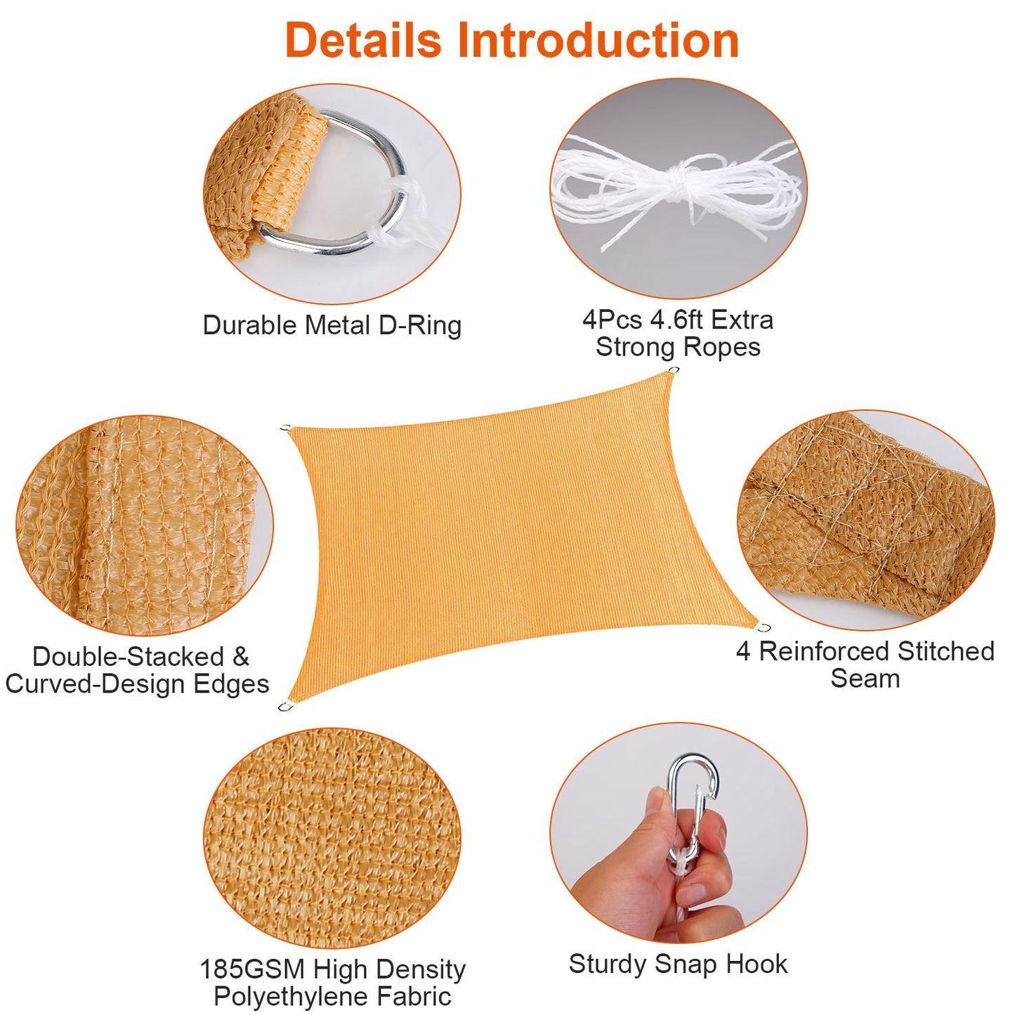 Rectangle Top CanopyÊ98% UV Block Awning Shelter 185GSM HDPE Patio Cover with Snap Hooks Ropes for Outdoor Garden Backyard