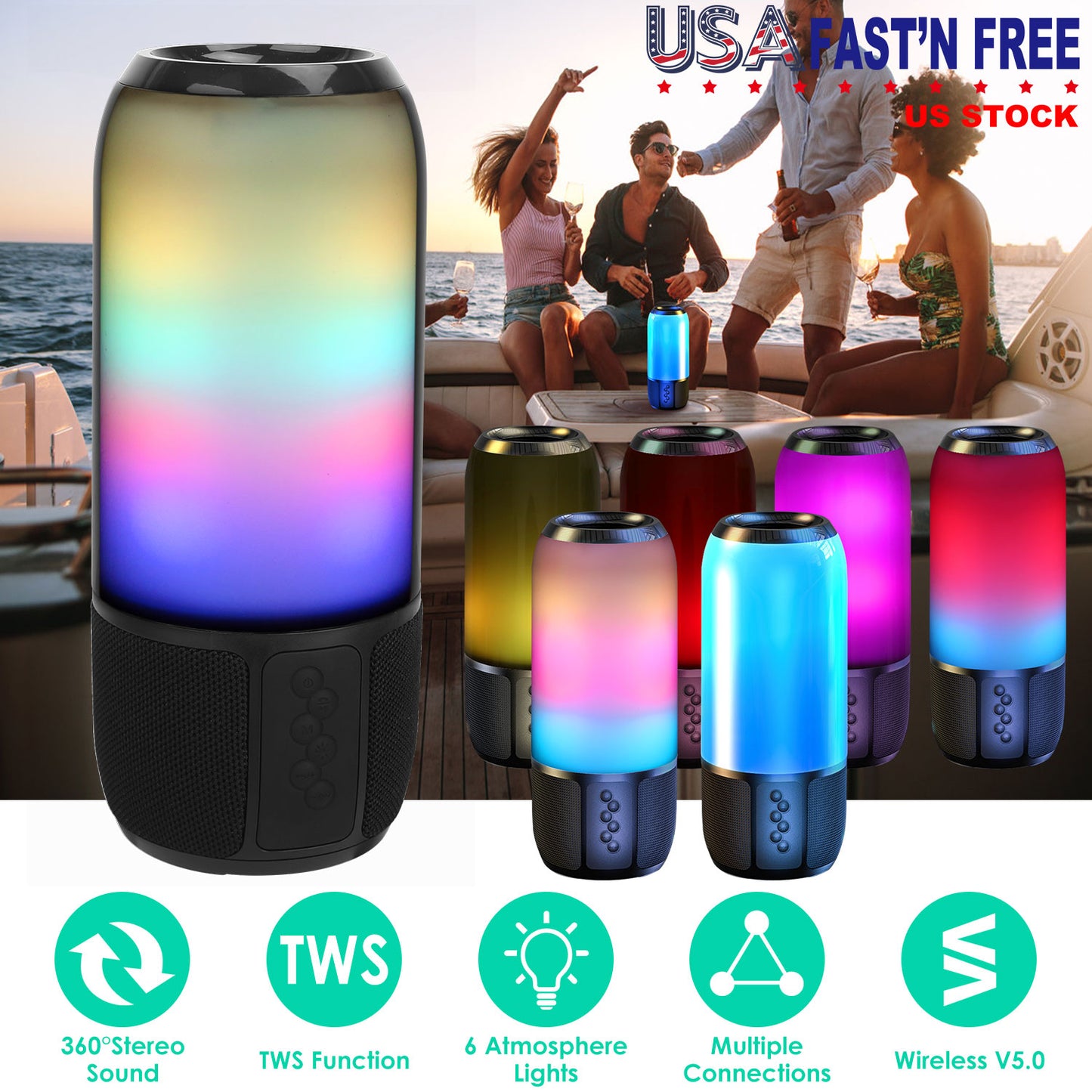 Wireless Portable Speaker Loud Stereo Speaker with 6 Color Changing Lights Radio Party TWS Speaker for Home Outdoor Travelling