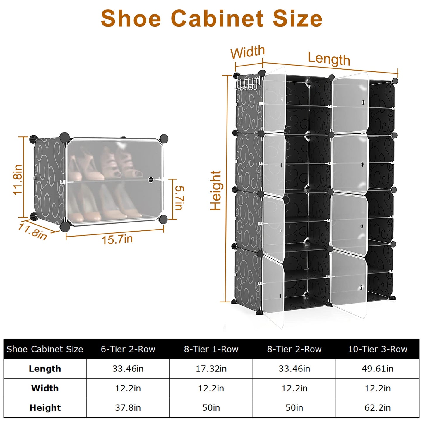8-Tier Shoe Rack Organizer Stackable Free Standing Shoe Storage Shelf Plastic Shoe Cabinet Tower with Transparent Doors for Heels Boots Slippers Entry