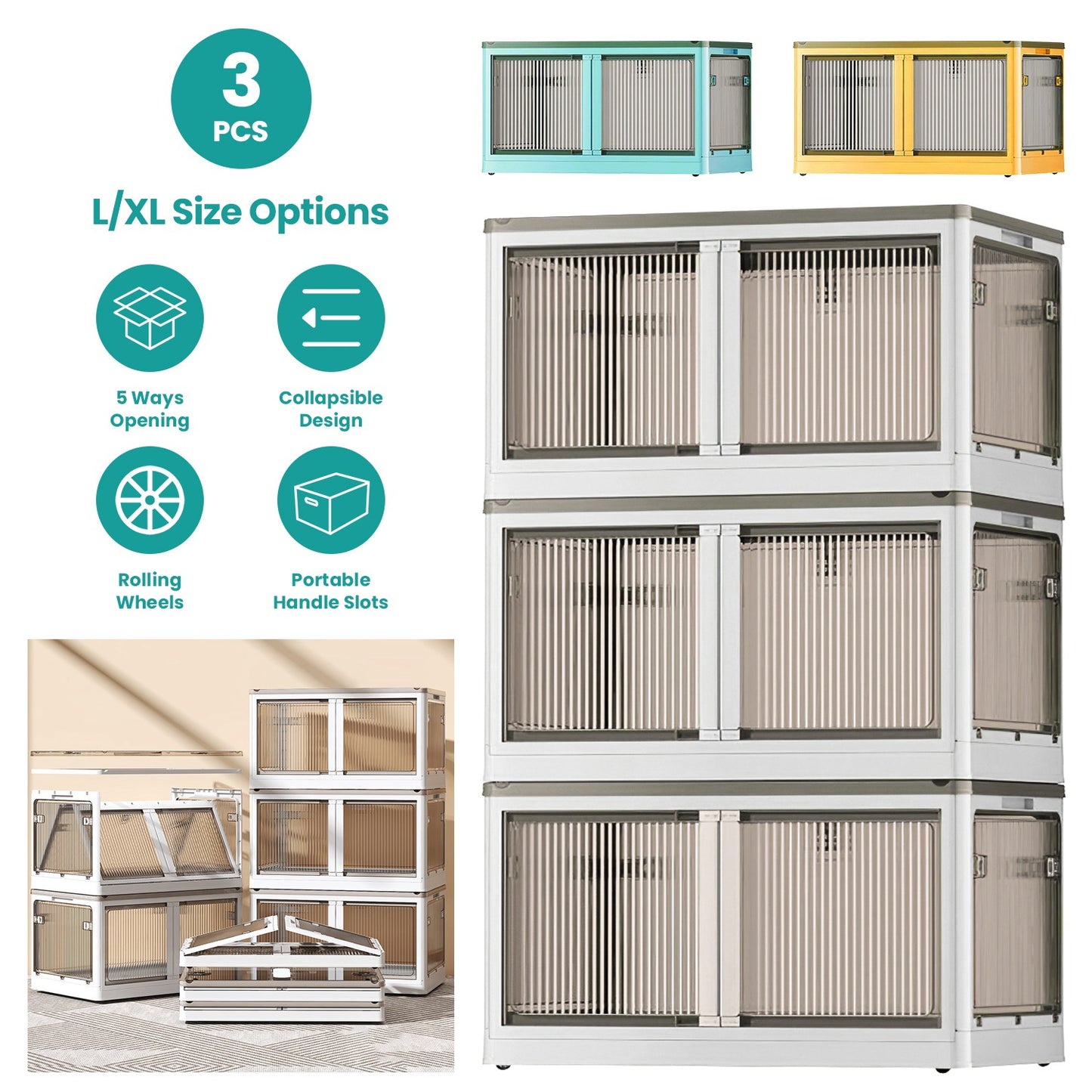 3Pcs Foldable Storage Bins with Lid 4 Doors Collapsible Stackable Closet Organizer Containers with Lock 4Pcs Wheels