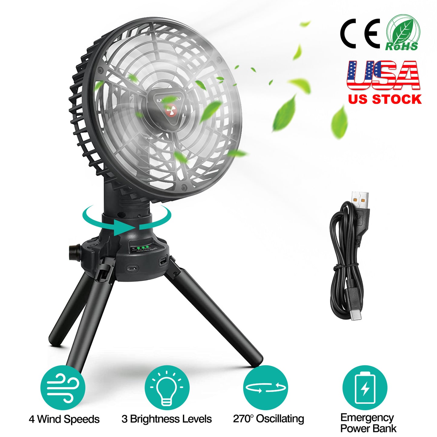 Foldable Camping Fan with Emergency Power Bank 270¡ Oscillating Rechargeable Tripod Fan for Hiking Fishing Personal Desk Fan with 4 Speeds 3 Brightnes