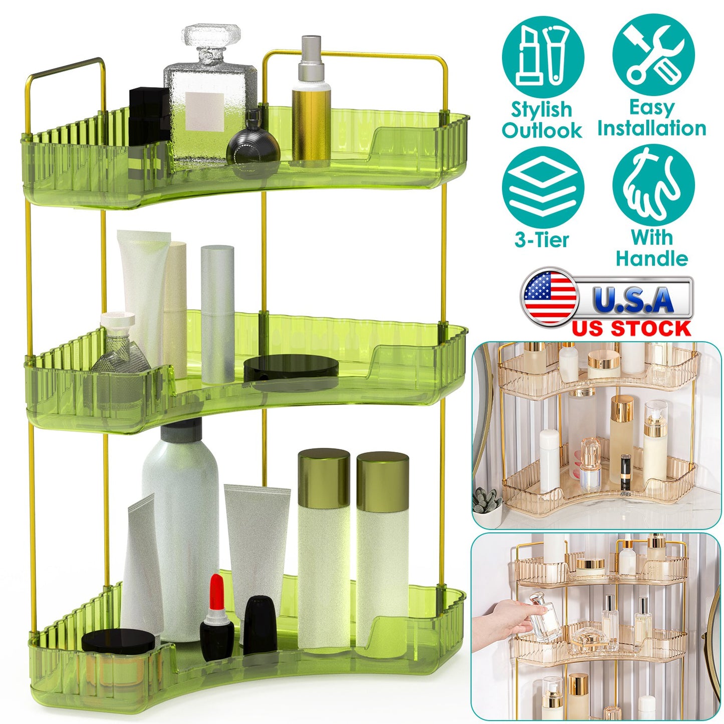 Bathroom Countertop Organizer 3 Tier Corner Makeup Storage Shelf Vanity Cosmetic Perfume Tray Clear Corner Rack for Bedroom Bathroom Kitchen