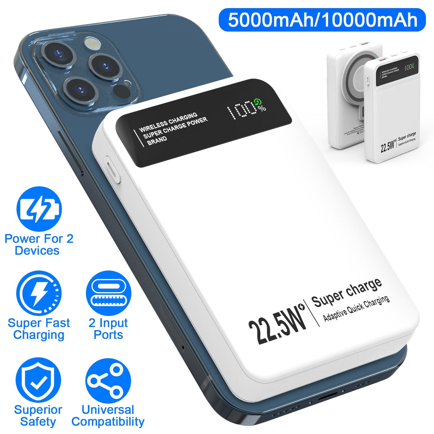 5000mAh Magsafe 3 In 1 Portable Charger PD22.5W Magnetic Fast Charger Fast Charging Power Bank Fit For IOS Phone 15/14 Samsung Galaxy S24 And More