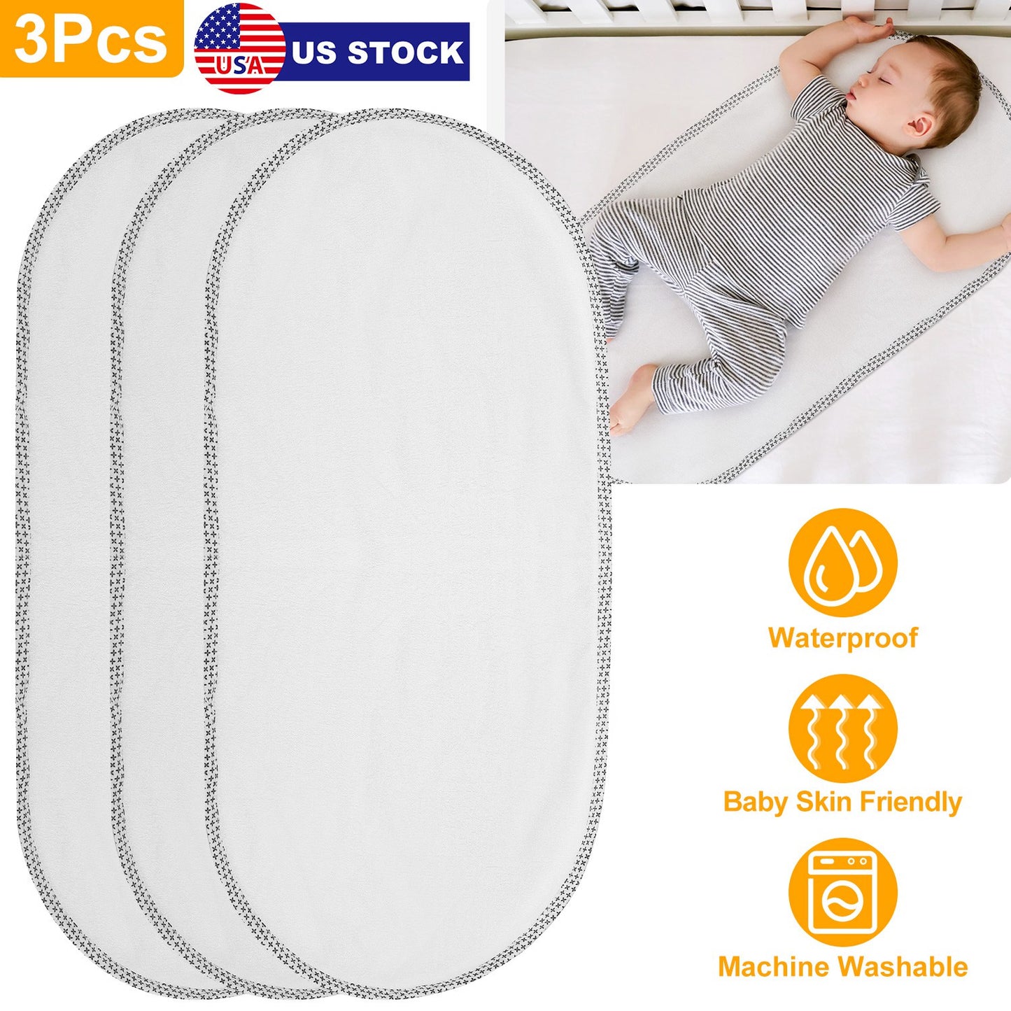 3Pcs Waterproof Changing Pad Liners Washable Reusable Changing Pad Cover Liners Cotton Surface Bassinet Changing Pad For Baby