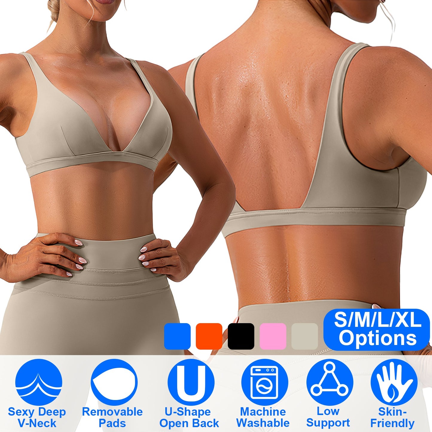 Women Deep V-Neck Sports Bras U-Shaped Back Sport Bras Padded StrappyÊCrop Open Back Low Impact Bras SexyÊFitnessÊTank Tops with Removable Pads for Gy