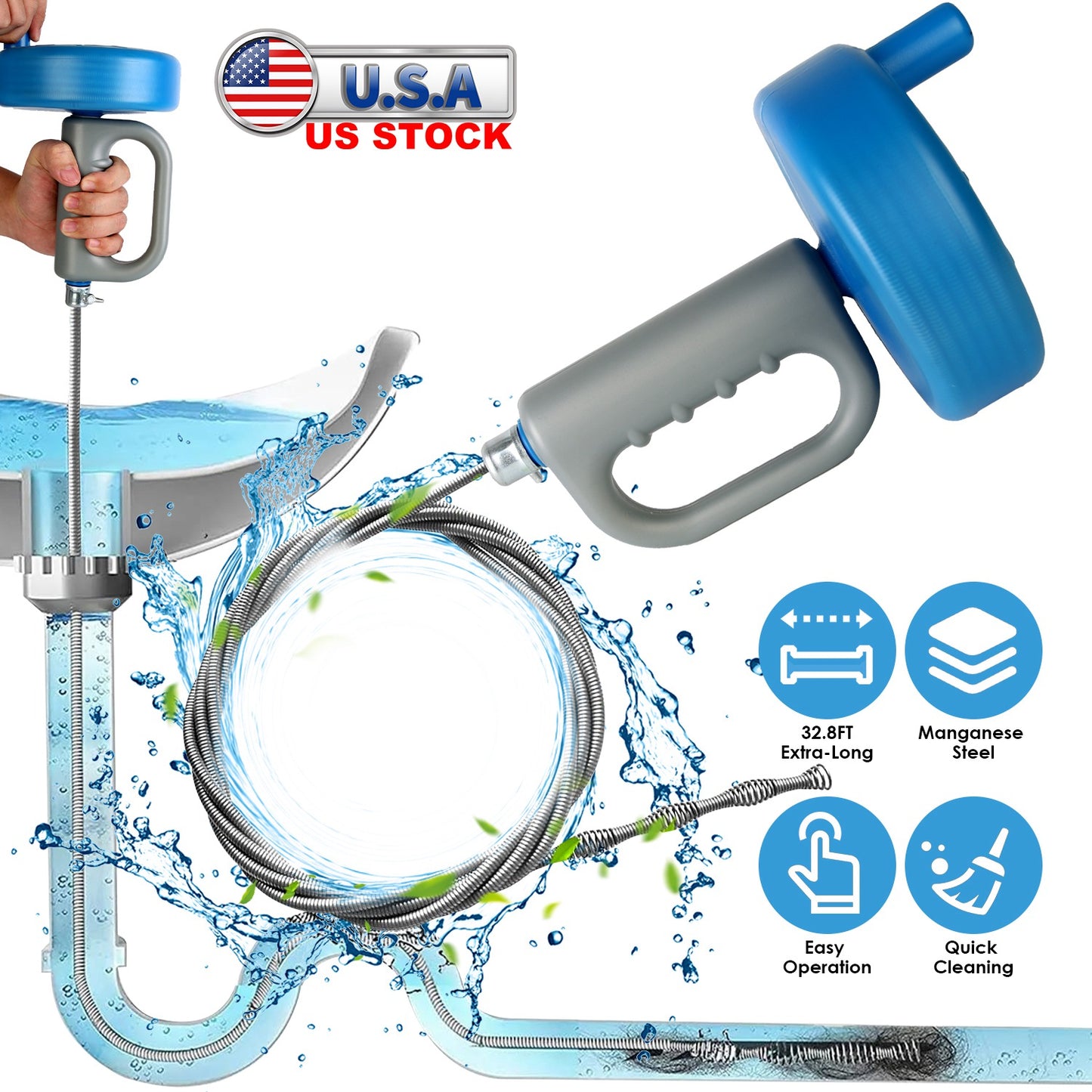 32.8FT Drain Snake Auger Plumbing Snake Hair Clog Remover For Sewer Sink Bathtub Shower Kitchen Bathroom Drain Clog Remover