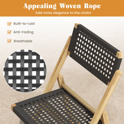 Set of 2 Folding Chairs Indonesia Teak Wood Dining Chairs with Woven Rope Seat and Back
