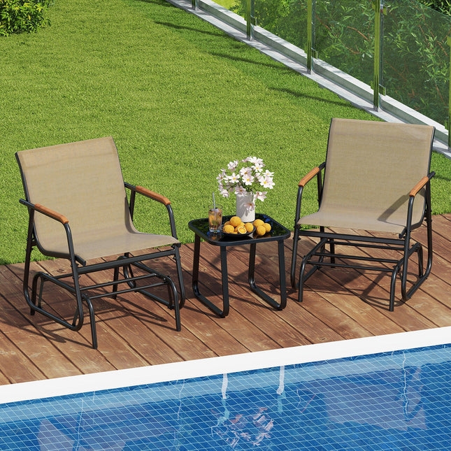 3-Piece Outdoor Glider Bistro Set with Tempered Glass Top and Metal Frame-Coffee