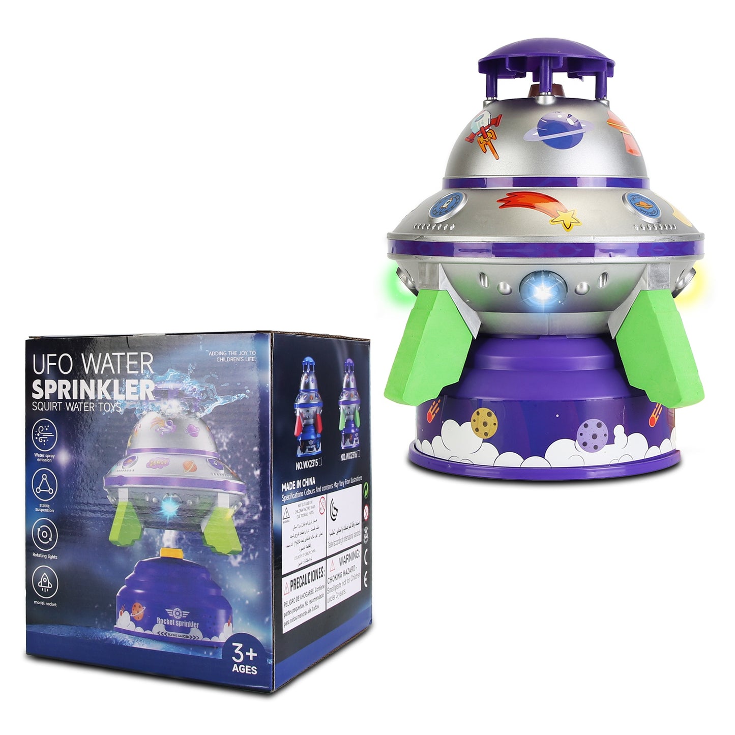 UFO Water Sprinkler Outdoor Summer Rocket Toy With Colorful LED Lights 360¡ Spinning 1.64FT To 6.56FT Adjustable Height Birthday Summer Gift For Girls