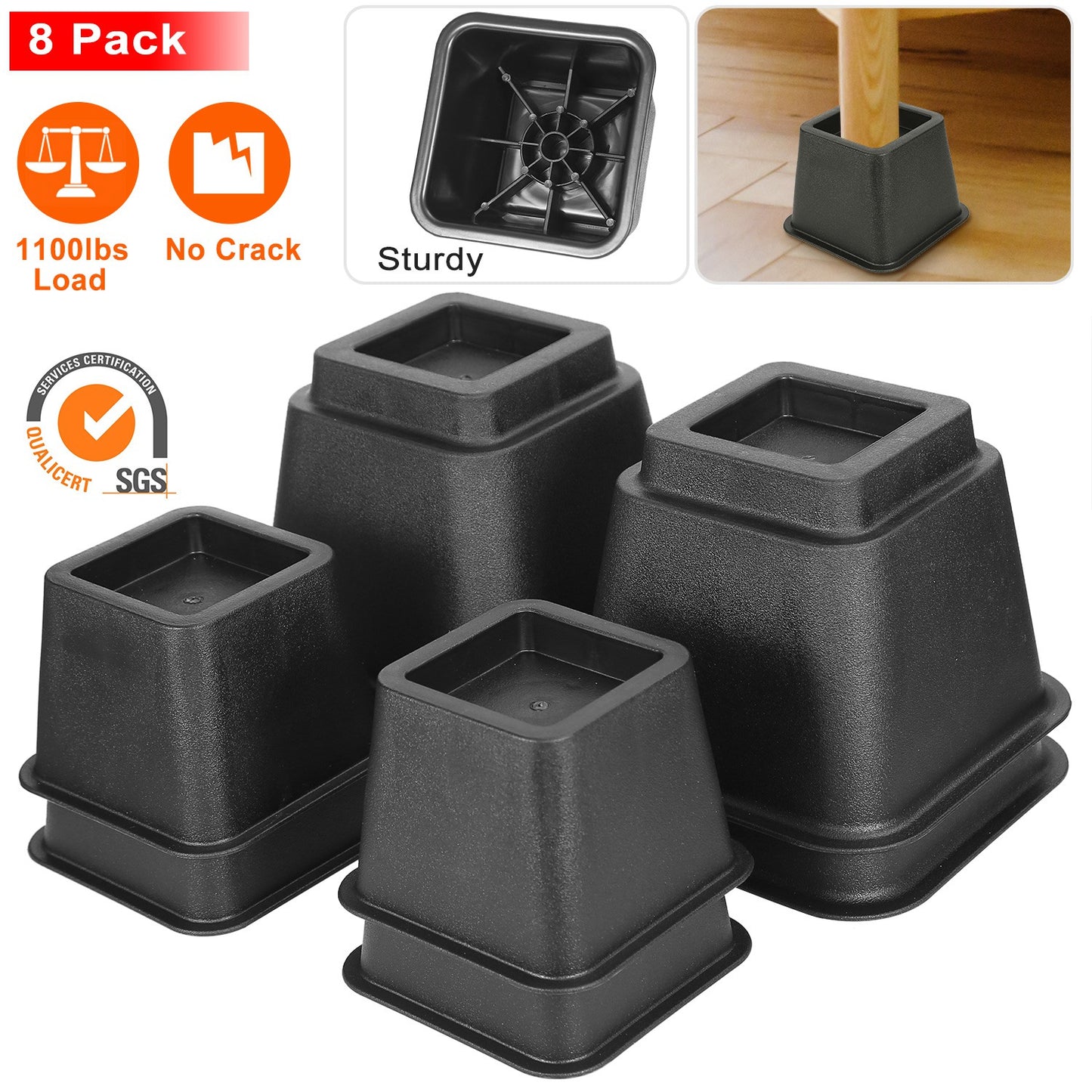 8Pcs Furniture Risers 500kg 1100lbs Capacity Bed Lifters Adjustable Couch Table Chair Risers