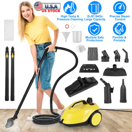 1800W Steam Cleaning Machine with Wheels High Temperature and Pressure Steamer Cleaner with 2L Water Tank Stepless Steam Control 15 Accessories
