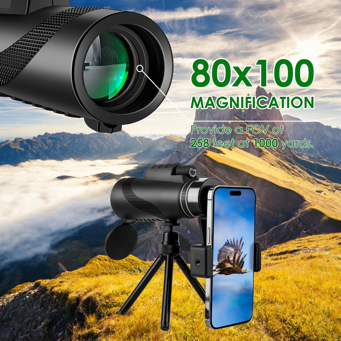 80x100 HD Monocular Telescope for Adults BAK-4 Prism High Power Monocular for Smartphone with FMC Lens Phone Adapter Tripod Case for Bird Watching Hun