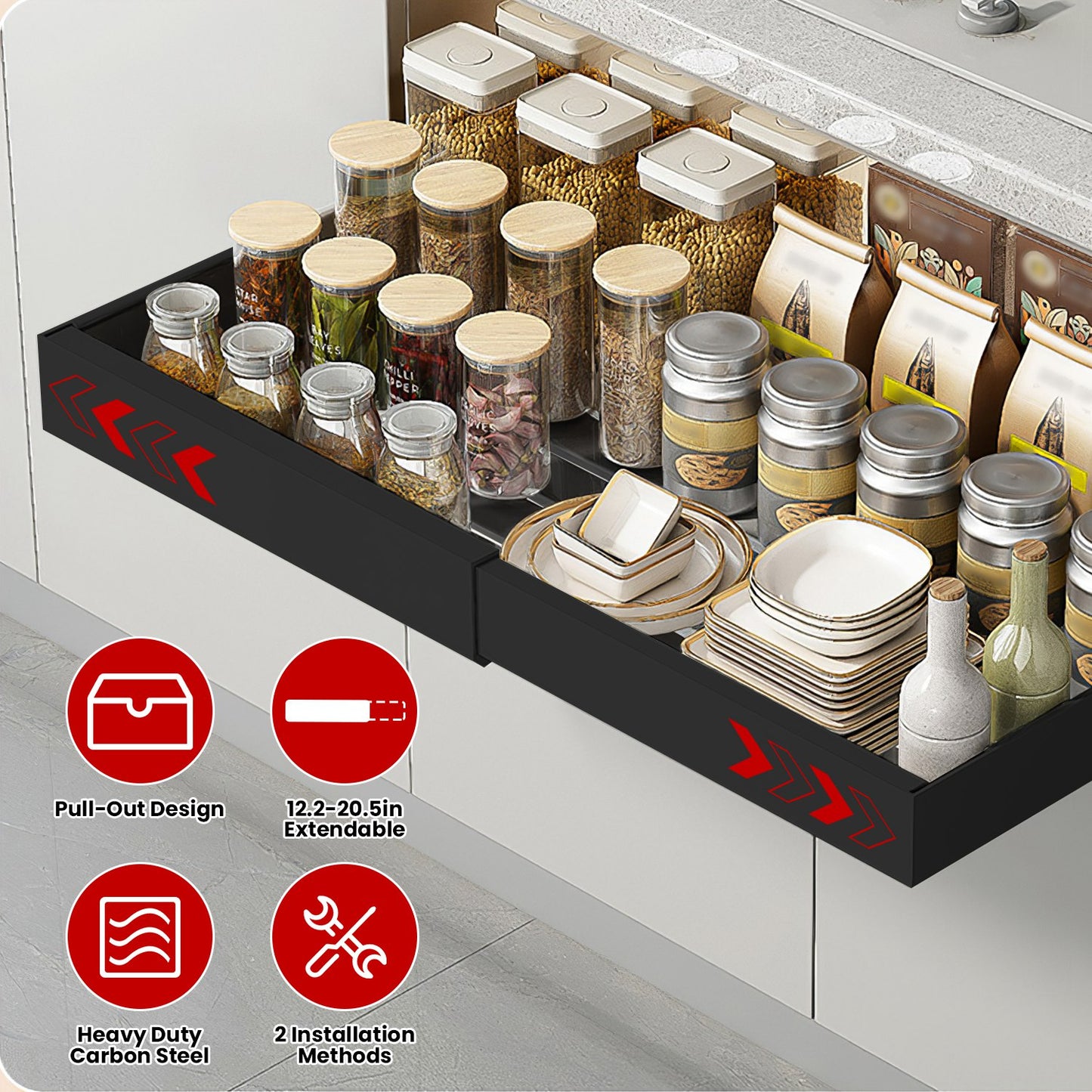 Expandable Pull out Cabinet Organizer Slide out Drawers Roll out Sliding Storage Self Carbon Steel with 12.2-20.5in Extendable Width 17lbs Max Load