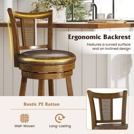 Swivel Bar Stools Set of 2 with Rattan Backrest - Brown
