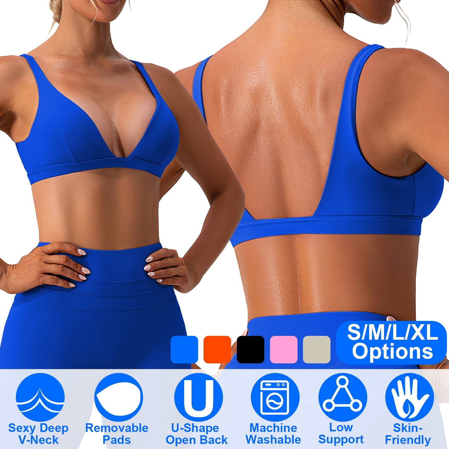 Women Deep V-Neck Sports Bras U-Shaped Back Sport Bras Padded StrappyÊCrop Open Back Low Impact Bras SexyÊFitnessÊTank Tops with Removable Pads for Gy