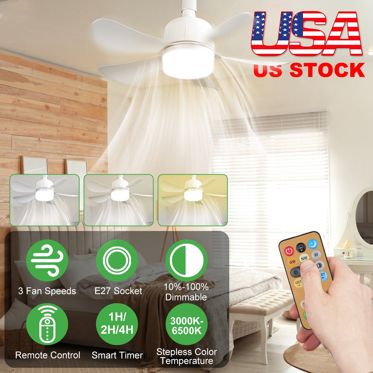Socket Fan Light 12W Ceiling Fan with Lights Dimmable LED Ceiling Fan with 3 Fan Speed Stepless Brightness and Color Temperature Smart Timer Remote Co