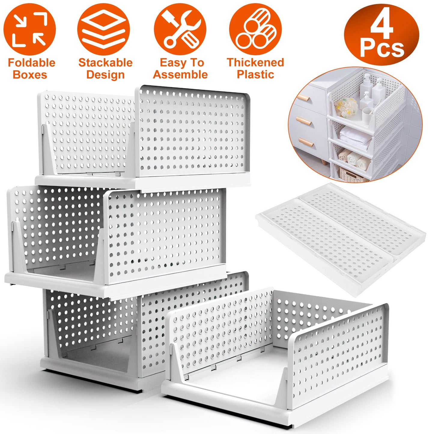 4 Packs Plastic Storage Box Closet Organizer Foldable Storage Bin Stackable Drawer with Slide Rail Push-Pull Storage Basket for Living Room Bedroom Wa