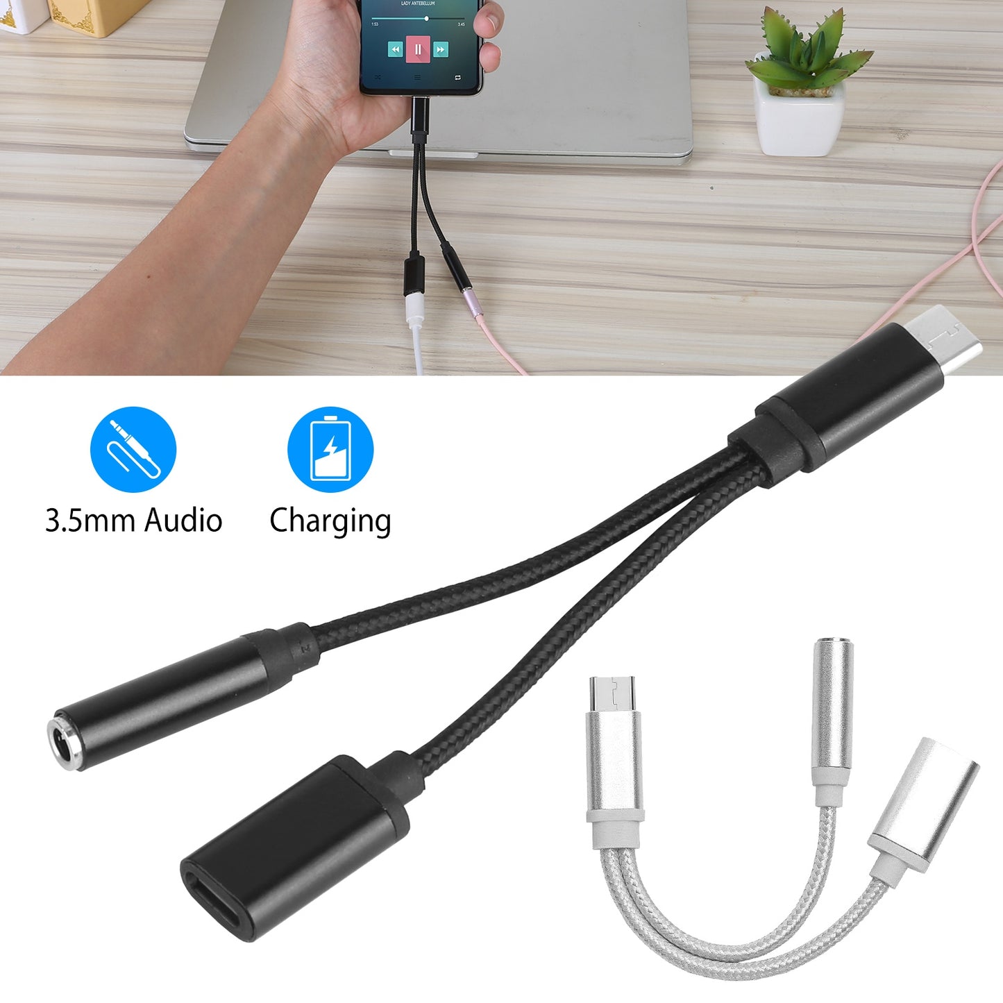 USB Type C to 3.5mm Aux Audio Charging Adapter Braided TPE Metal Shell Headphone Jack Splitter Cable Wire Charger