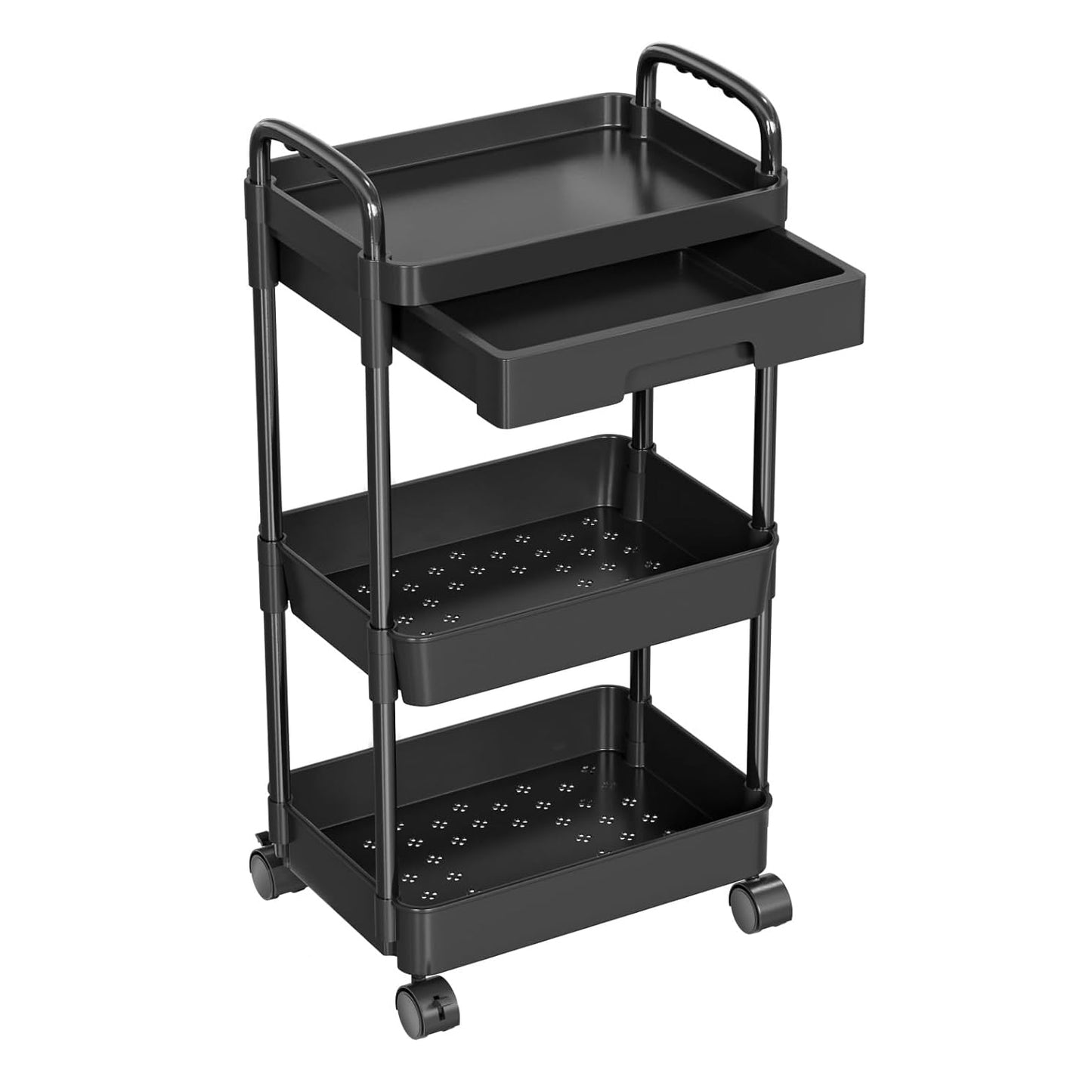 3 Tier Rolling Utility Cart Movable Storage Organizer with Drawer Lockable Wheels 360 Degree Rotatable Hallow Design for Bedroom Bathroom Kitchen