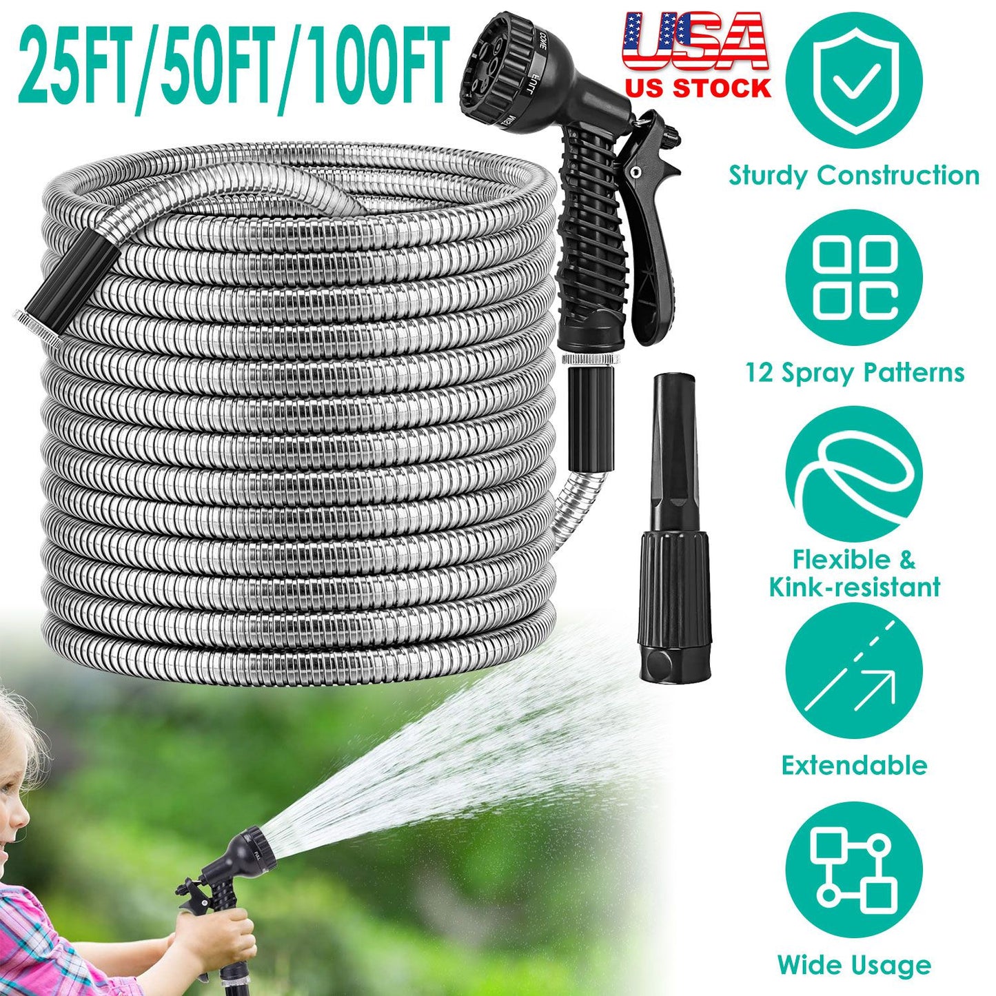 25FT/50FT/100FT Heavy Duty Stainless Steel Garden Hose Garden Watering Kit Metal Water Hose with 2 Nozzles 12 Patterns Flexible Extendable Kink Tangle