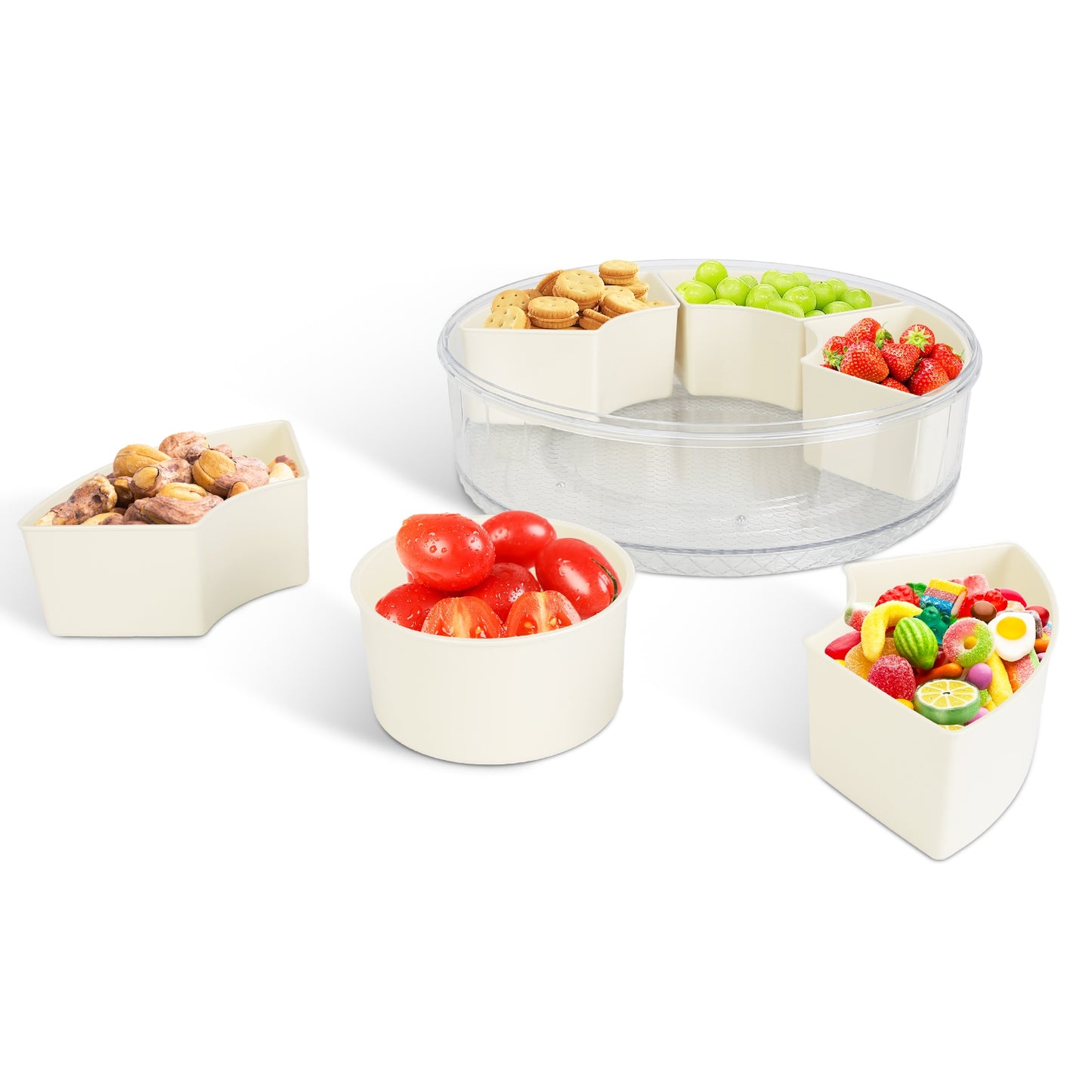 2Pcs Divided Serving Tray with Lid and Handle 360¡ Rotatable Snack Box Container with 6 Dividers Clear Portable Snack Platters for Fruit Candy Nut Sna