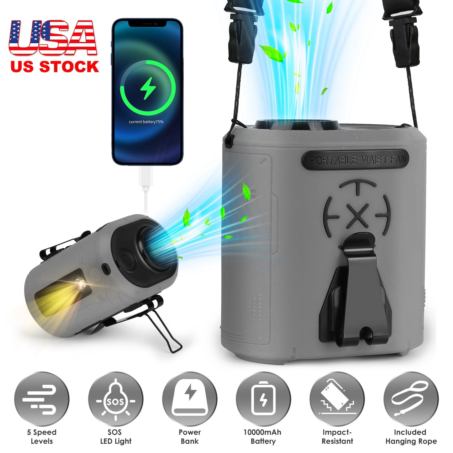 5 In 1 Portable Waist Clip Fan With 5 Speeds Flashlight 10000mAh Battery Operated Personal Wearable Turbo Belt Fan Hands-Free Neck Fan For Camping Tra